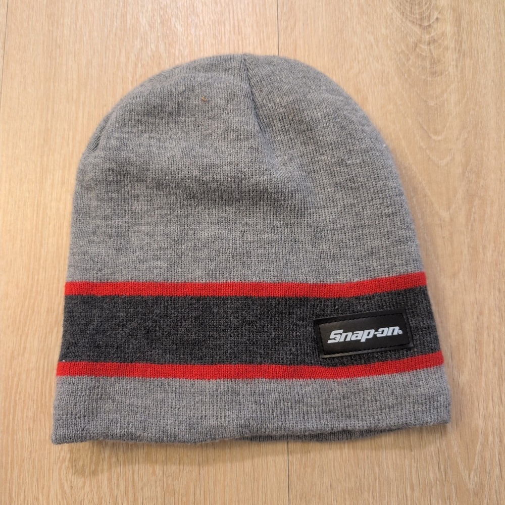 Snap-on Tools Beanie Grey Knit Fleece Lined Hat Red Black Stripe Skater Grunge